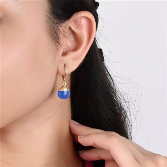 Blue Onyx Gemstone Earrings | Gold Plated Leverback Drops - Picture 4 of 7